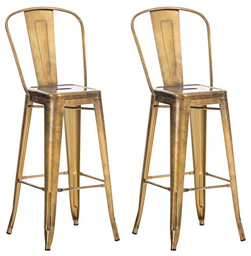 CLP 2er Set Metall Barhocker Aiden Mit Hoher Rückenlehne I 2 x Hocker Mit Fußstütze Und Bodenschonern, Farbe:gold von CLP