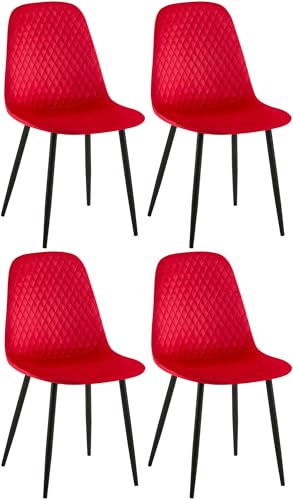 CLP 4er Set Esszimmerstuhl gepolstert Giverny, Stoffstuhl mit Ziernähten und Bodenschonern, Sessel belastbar bis 150 kg, Farbe:rot, Material:Samt von CLP