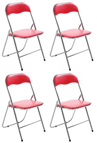 CLP 4er Set Klappstuhl Felix Gepolstert I Küchenstuhl Mit Metallgestell I Kunstleder PVC Sitz Gepolstert I Stühle Klappbar I Campingstühle, Farbe:rot/Silber von CLP