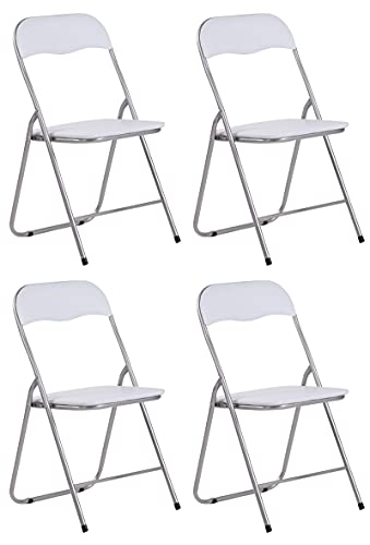 CLP 4er Set Klappstuhl Felix Gepolstert I Küchenstuhl Mit Metallgestell I Kunstleder PVC Sitz Gepolstert I Stühle Klappbar I Campingstühle, Farbe:weiß/Silber von CLP