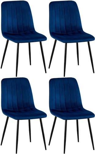 CLP 4er Set Esszimmerstuhl gepolstert Dijon, mit Ziernähten & Bodenschonern, Polsterstuhl für Esszimmer & Küche, belastbar bis 150 kg, Farbe:blau, Material:Samt von CLP