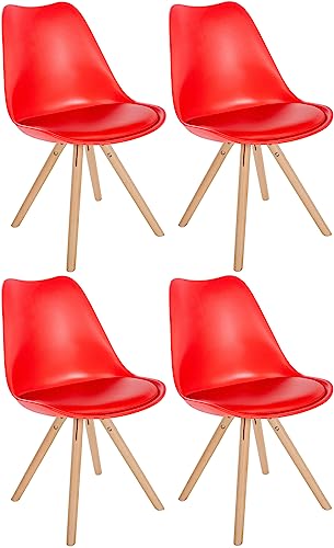 CLP 4er Set Stühle Sofia Kunststoff I Esszimmerstühle Mit Kunstledersitz und Kunststoffschale I Kunststoffstühle Mit 4-Fuß Holzgestell, Farbe:rot, Gestell Farbe:Natura (rund) von CLP