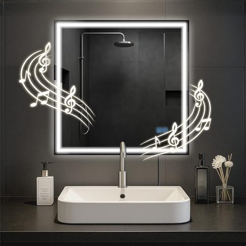 CLP Badspiegel Jaffrey mit Beleuchtung, Bluetooth-Lautsprecher, Anti-Beschlag, Wandspiegel Quer- und Hochformat, LED dimmbar, 3 Licht-Modi, Größe:80x80 cm von CLP