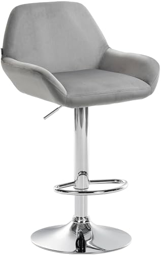 CLP Barhocker Braga Samtbezug mit Metallgestell I Höhenverstellbar und 360 drehbar I Moderner Barstuhl mit Fußstütze für Küche und Bar, Farbe:grau, Gestell Farbe:Chrom von CLP