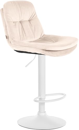 CLP Barhocker Laurel mit Samtbezug I Barstuhl höhenverstellbar und drehbar I gepolsterter Tresenhocker mit Fußstütze und Rückenlehne, Farbe:Creme, Material Gestell:Metall matt Weiss von CLP