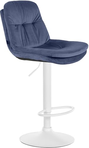 CLP Barhocker Laurel mit Samtbezug I Barstuhl höhenverstellbar und drehbar I gepolsterter Tresenhocker mit Fußstütze und Rückenlehne, Farbe:blau, Material Gestell:Metall matt Weiss von CLP