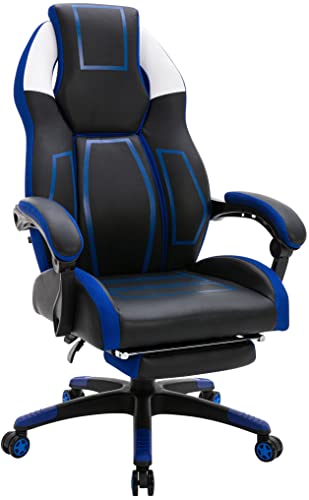 CLP Bürostuhl Clovis Kunstleder I Höhenverstellbarer Schreibtischstuhl Mit Kopfstütze I Gaming-Stuhl mit Fußstütze, Farbe:schwarz/blau von CLP