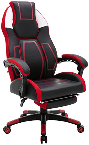 CLP Bürostuhl Clovis Kunstleder I Höhenverstellbarer Schreibtischstuhl Mit Kopfstütze I Gaming-Stuhl mit Fußstütze, Farbe:schwarz/rot von CLP