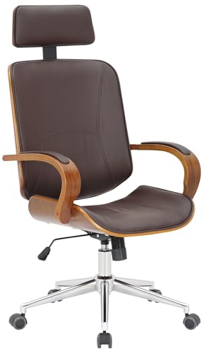 CLP Bürostuhl Dayton aus Kunstleder Drehstuhl mit Kopfstütze, Wippfunktion, Höhenverstellung & 360° Drehfunktion, Farbe:walnuss/braun von CLP