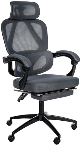 CLP Bürostuhl Gander Ergonomisch I Verstellbare Kopfstütze I Fußstütze, Lendenwirbelstütze, 360° Drehstuhl I 135° Kippfunktion, Farbe:dunkelgrau von CLP