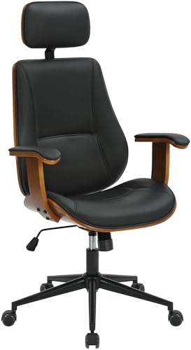 CLP Bürostuhl Lugo Kunstleder-Bezug I Ergonomischer Schreibtischstuhl Mit Kopfstütze I 360° Drehstuhl, Höhenverstellbar Mit Wippfunktion, Farbe:walnuss/schwarz von CLP