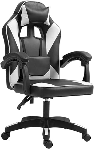 CLP Bürostuhl Orkney I Ergonomischer Gamingstuhl mit Kunstlederbezug I Schreibtischstuhl mit Verstellbarer Rückenlehne und Kopfstütze, Farbe:schwarz/weiß von CLP