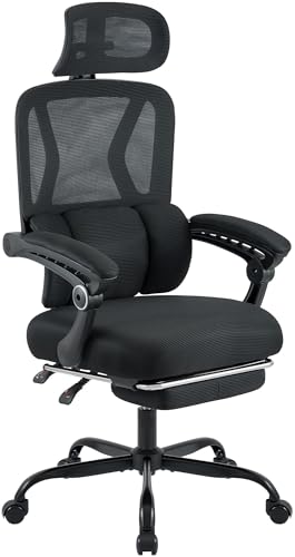 CLP Bürostuhl ergonomisch Liberton, mit Fußstütze und Kopfstütze, höhenverstellbar drehbar, Rückenlehne mit Lordosenstütze aus Netzbezug, Farbe:schwarz von CLP