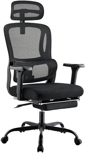 CLP Bürostuhl ergonomisch mit Fußablage Mankato, Schreibtischstuhl mit 3D-Armlehnen, Lordosenstütze, Kopfstütze, bis 150 kg belastbar, Farbe:schwarz von CLP