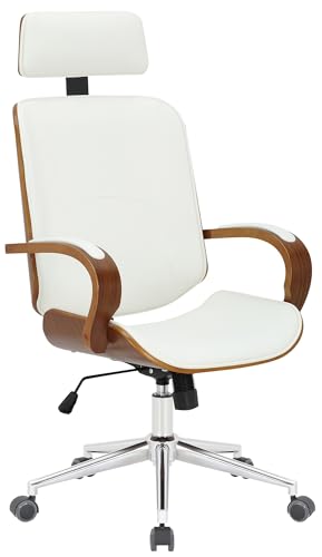 CLP Bürostuhl Dayton aus Kunstleder Drehstuhl mit Kopfstütze, Wippfunktion, Höhenverstellung & 360° Drehfunktion, Farbe:walnuss/weiß von CLP