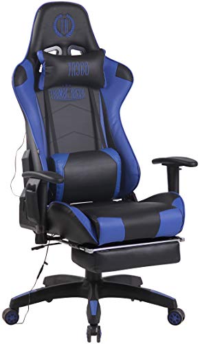 CLP Chefsessel Turbo XFM Kunstleder mit Massagefunktion l Höhenverstellbarer Bürostuhl mit ausziehbarer Fußablage und beheizbarem Sitzbereich, Farbe:schwarz/blau von CLP