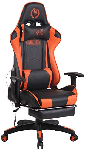 CLP Chefsessel Turbo XFM Kunstleder mit Massagefunktion l Höhenverstellbarer Bürostuhl mit ausziehbarer Fußablage und beheizbarem Sitzbereich, Farbe:schwarz/orange von CLP