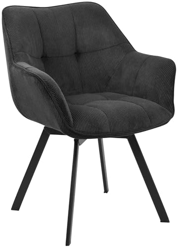 CLP Esszimmerstuhl ergonomisch Jordi Cord, drehbar mit Armlehnen, Polstersessel, 4-Fuß-Metallgestell, bis 150 kg, mit Bodenschonern, Farbe:schwarz von CLP