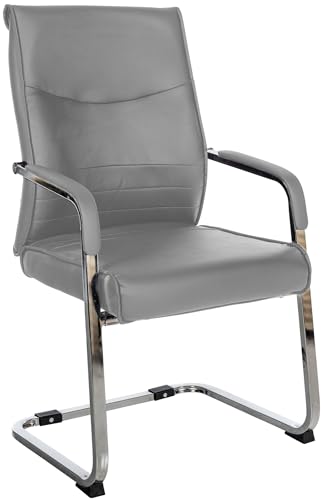 CLP Freischwinger Besucherstuhl Hobart I Stoff- oder Kunstlederbezug, Chromgestell und Gepolsterte Armlehnen I Ergonomischer Schwingstuhl, Farbe:grau, Material:Kunstleder von CLP