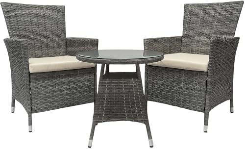 CLP Gartenmöbel-Set Fireda, 3-teilige Sitzgarnitur, aus PE-Rattan, mit Couchtisch, inkl. Sitzkissen & Tischplatte aus Sicherheitsglas, Farbe:grau-meliert von CLP