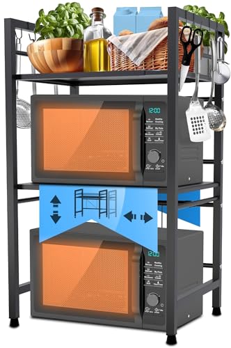 CLP Mikrowellenregal Marana stehend stufig I Variabel in Breite I Ideal für die Arbeitsplatte in der Küche I Mit 8 Haken und Ausziehbar, Farbe:schwarz, Größe:3-stufig von CLP