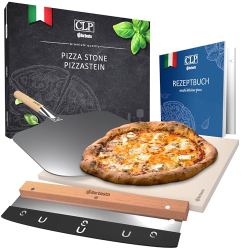 CLP Pizzastein eckig aus Cordierit mit Rezeptbuch für Backofen & Grill 38x30 cm I Einzeln oder als Set mit Pizzaschieber und Schneider, Set-Inhalt:Pizzastein+Schneider+Schieber von CLP