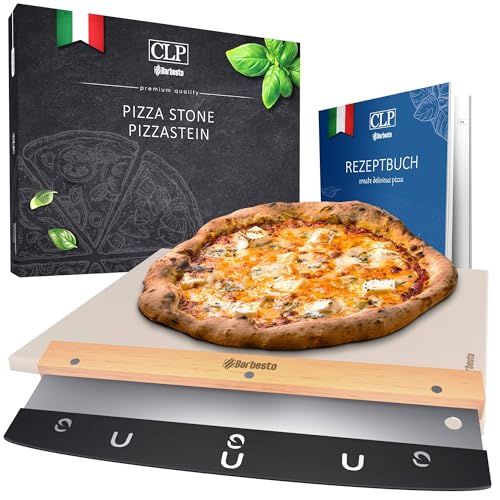 CLP Pizzastein eckig aus Cordierit mit Rezeptbuch für Backofen & Grill 38x30 cm I Einzeln oder als Set mit Pizzaschieber und Schneider, Set-Inhalt:Pizzastein+Schneider von CLP
