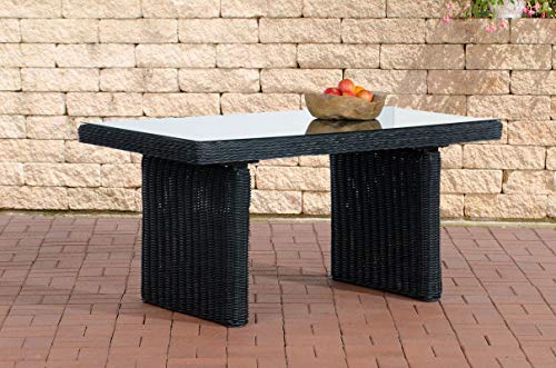 CLP Poly-Rattan Garten Esstisch FISOLO ca. 79 x 138 cm I Höhe: 67 cm I Glasplatte 5 mm Sicherheitsglas I 5mm Rattandicke, Farbe:schwarz von CLP