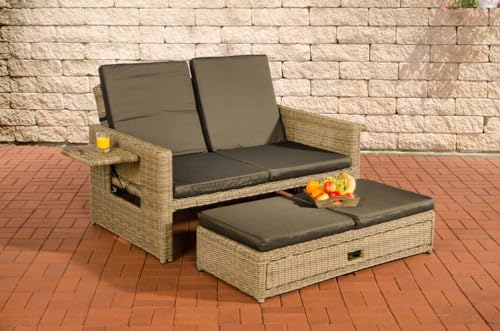 CLP Polyrattan 2er-Loungesofa Ancona 5mm I Rundrattan Garten-Sofa Mit Ausziehbarem Fußteil Und Verstellbarer Rückenlehne I, Farbe:Natur, Polsterfarbe:Anthrazit von CLP