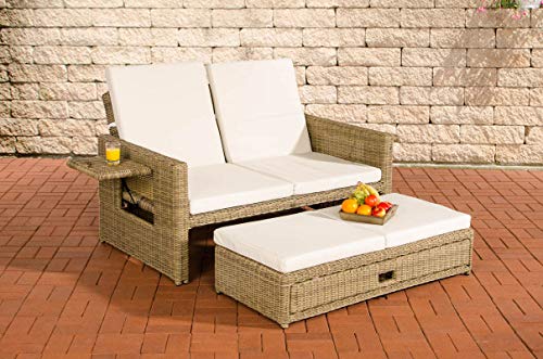 CLP Polyrattan 2er-Loungesofa Ancona 5mm I Rundrattan Garten-Sofa Mit Ausziehbarem Fußteil Und Verstellbarer Rückenlehne I, Farbe:Natura, Polsterfarbe:Cremeweiß von CLP