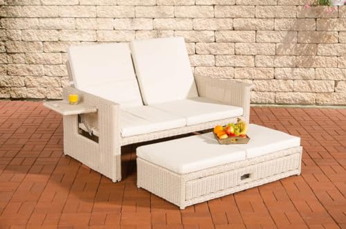 CLP Polyrattan 2er-Loungesofa Ancona 5mm I Rundrattan Garten-Sofa Mit Ausziehbarem Fußteil Und Verstellbarer Rückenlehne I, Farbe:perlweiß, Polsterfarbe:Cremeweiß von CLP