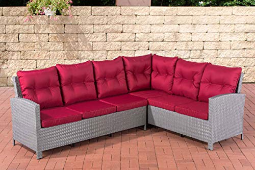 CLP Polyrattan Gartensofa Minari I Eckbank Mit Sitzpolstern Aus Stoff | Modernes Ecksofa Für Den Garten, Farbe:grau, Polsterfarbe:Rubinrot von CLP