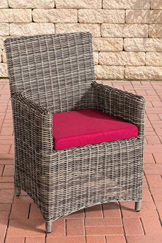 CLP Polyrattan Gartenstuhl Fontana 5mm I Robuster Rundrattan Gartenstuhl Mit Einem Untergestell Aus Aluminium, Farbe:grau-meliert, Polsterfarbe:Rubinrot von CLP