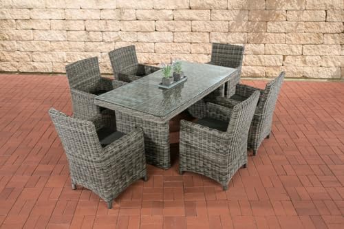 CLP Polyrattan Sitzgruppe Fontana Mit Polsterauflagen | Garten-Set: 1 Esstisch Mit Glasplatte und 6 Stühle, Farbe:grau-meliert, Polsterfarbe:Anthrazit von CLP