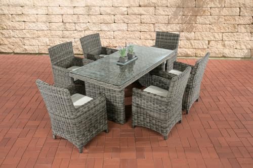 CLP Polyrattan Sitzgruppe Fontana Mit Polsterauflagen | Garten-Set: 1 Esstisch Mit Glasplatte und 6 Stühle, Farbe:grau-meliert, Polsterfarbe:Cremeweiß von CLP