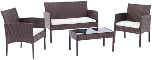 CLP Polyrattan Sitzgruppe Ramunda, Lounge-Set Outdoor wetterfest, aus PE-Rattan, mit Tisch Sesseln Bank und Sitzkissen, Gartenmöbel-Set, Farbe:braun von CLP