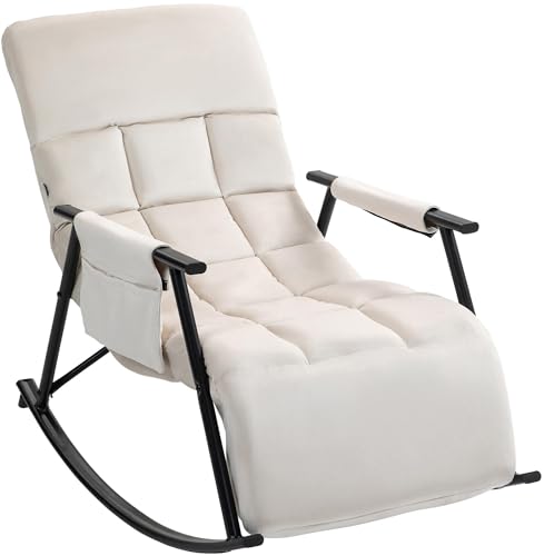 CLP Schaukelstuhl Cathy I Gepolsterter Relaxsessel I Schaukelsessel mit Rückenlehne I Metallgestell mit Armlehnen und Seitentasche, Farbe:Creme, Material:Samt von CLP