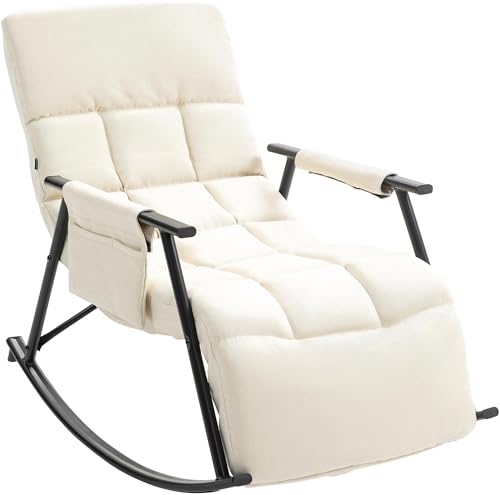 CLP Schaukelstuhl Cathy I Gepolsterter Relaxsessel I Schaukelsessel mit Rückenlehne I Metallgestell mit Armlehnen und Seitentasche, Farbe:Creme, Material:Stoff von CLP