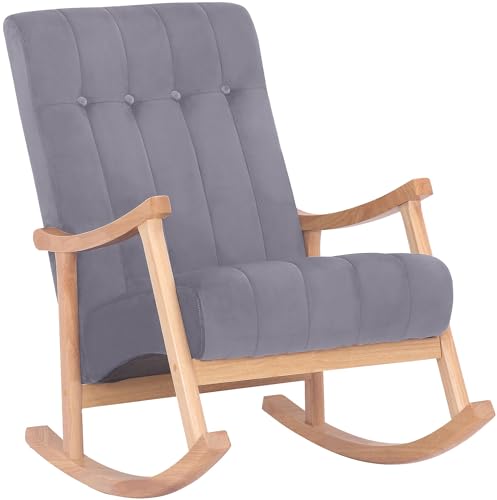 CLP Schaukelstuhl Saltillo Samtbezug I Lounge Schwingstuhl Mit Holzgestell I Relaxsessel Und Lesesessel I Für Wohnzimmer Und Schlafzimmer, Farbe:Natur/grau von CLP
