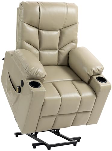 CLP Sessel Andover I Relaxsessel Elektrisch Verstellbar Mit Aufstehhilfe I Fernsehsessel Mit Liegefunktion, USB Ports Und Getränkehalter, Farbe:Creme, Material:Kunstleder von CLP