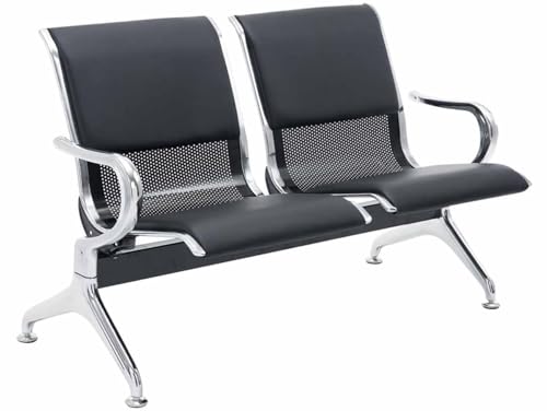 CLP Wartebank Airport mit Kunstlederbezug I Sitzbank mit Metallgestell in Chrom-Optik I Robuste Wartestühle mit Rückenlehne, Farbe:schwarz/schwarz, Größe:2-Sitzer von CLP