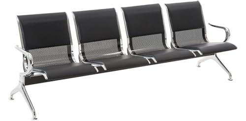 CLP Wartebank Airport mit Kunstlederbezug I Sitzbank mit Metallgestell in Chrom-Optik I Robuste Wartestühle mit Rückenlehne, Farbe:schwarz/schwarz, Größe:4-Sitzer von CLP