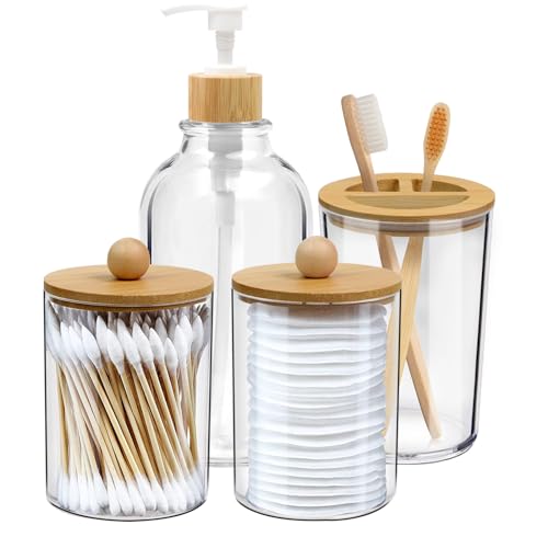 Bambus-Badezimmer-Zubehör-Sets von 4, Seifenspender, 2 Qtip Halter Gläser, Zahnbürstenhalter, Badezimmer, Badezimmer Dekor Boho Decor von CLQ