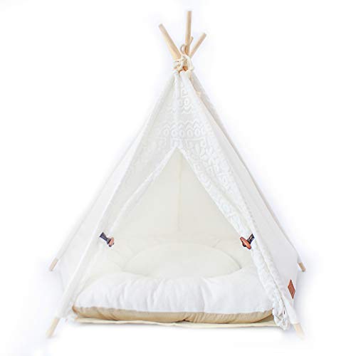 Little Dove,Hunde-Tipi-Zelt, Hause und Zelt mit Spitze für Hund oder Haustier, abnehmbar und waschbar mit Matraze Weiss（L） von CLS