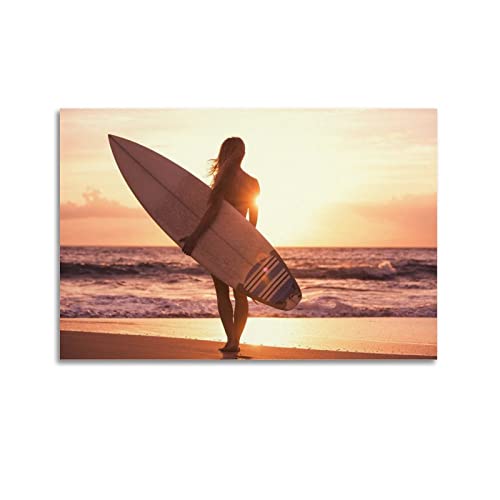 Extreme Sports Poster Mädchen Strand Sonnenuntergang Surfen Poster Dekorative Malerei Leinwand Wandposter und Kunstbild Druck Moderne Familie Schlafzimmer Dekor Poster von CLTE