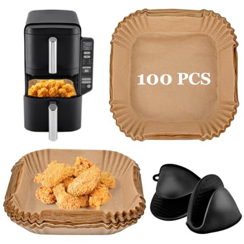 CLTPY 100 Stück Backpapier für Heißluftfritteuse,mit Isolierte Backhandschuhe,Kompatibel für Ninja Double Stack SL300EU,Heißluftfritteuse Backpapier,Airfryer Backpapier Zubehör für Ninja Sl300eu von CLTPY