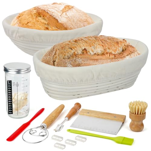 CLTPY Sauerteig Starter Set mit 2 Gärkörbchen Oval Rund&Brot Backen Zubehör, Gärkorb Brot mit Teigschaber, Brotbackset Silikonspatel Geeignet für Heim und Profibäcker von CLTPY