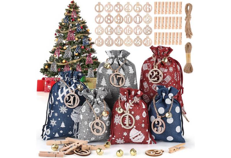 CLTYQ Adventskalender 24 Adventskalender zum Befüllen 2025, DIY Adventskalender Säckchen, Stoffbeutel mit Holzklammern, Hanfseil, Glocken und Holzzahlen von CLTYQ
