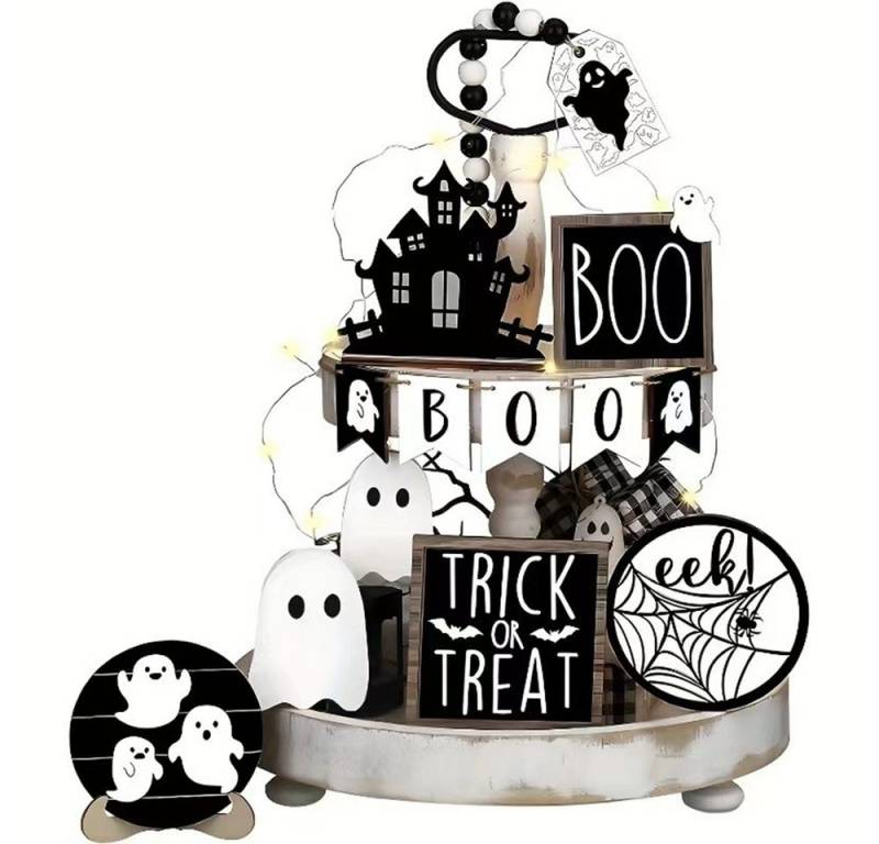 CLTYQ Dekoobjekt 13-teiliges Halloween-Etagere-Dekorationsset, Geistertabletts (13 St., rustikale Bauernhaus-Dekoration für den Tisch Zuhause), Halloween-Holzschild, rustikale schwarze Katze Tischdekoration von CLTYQ
