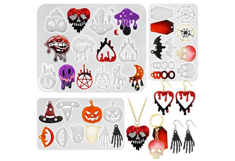 CLTYQ Silikonform 3er-Set Halloween Harz Ohrschmuck Formen mit Löchern, (3-tlg), Hand Silikonform für das Herstellen von Ohrringen, Anhängern, Schmuck von CLTYQ